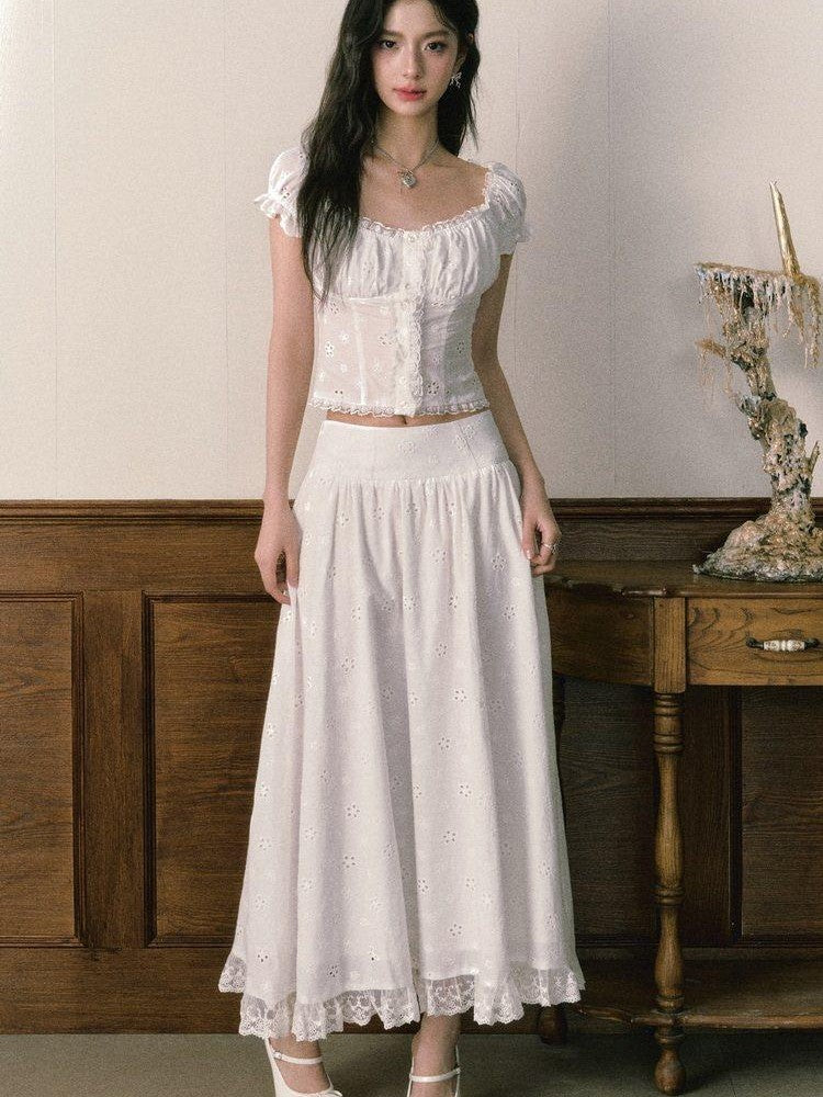 1P STUDIO White Eyelet Embroidered Lace Trim Square Neck Women&