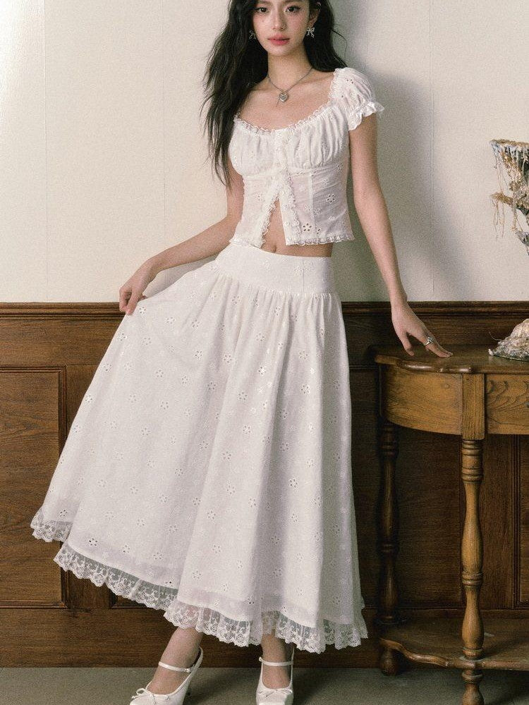 1P STUDIO White Eyelet Embroidered Lace Trim Square Neck Women&