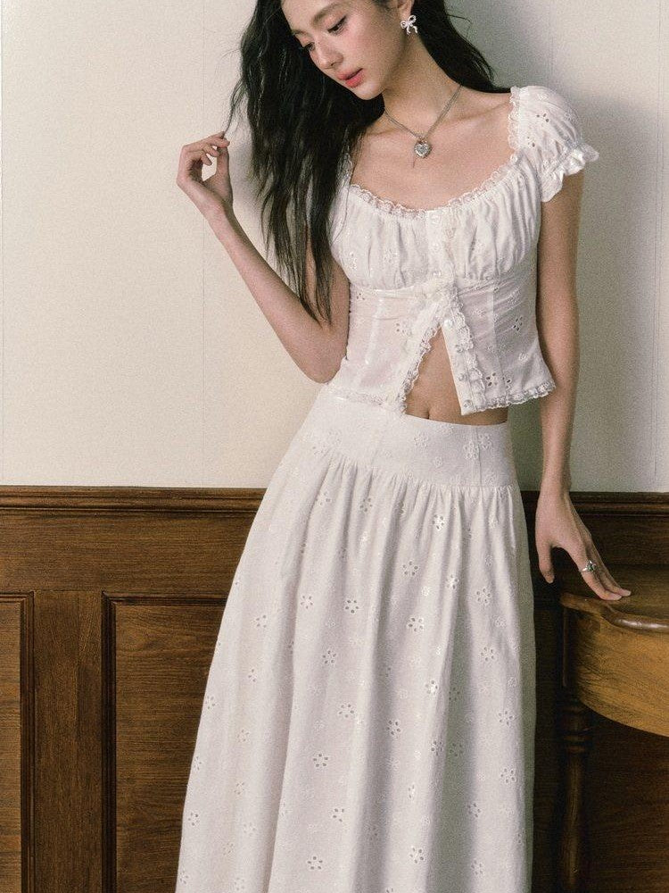 1P STUDIO White Eyelet Embroidered Lace Trim Square Neck Women&