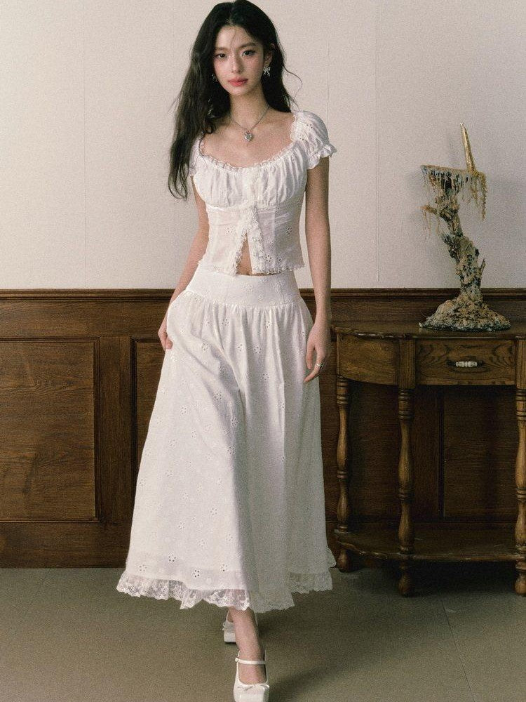 1P STUDIO White Eyelet Embroidered Lace Trim Square Neck Women&