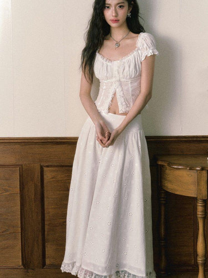 1P STUDIO White Eyelet Embroidered Lace Trim Square Neck Women&