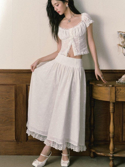 1P STUDIO White Eyelet Embroidered Lace Trim Square Neck Women&