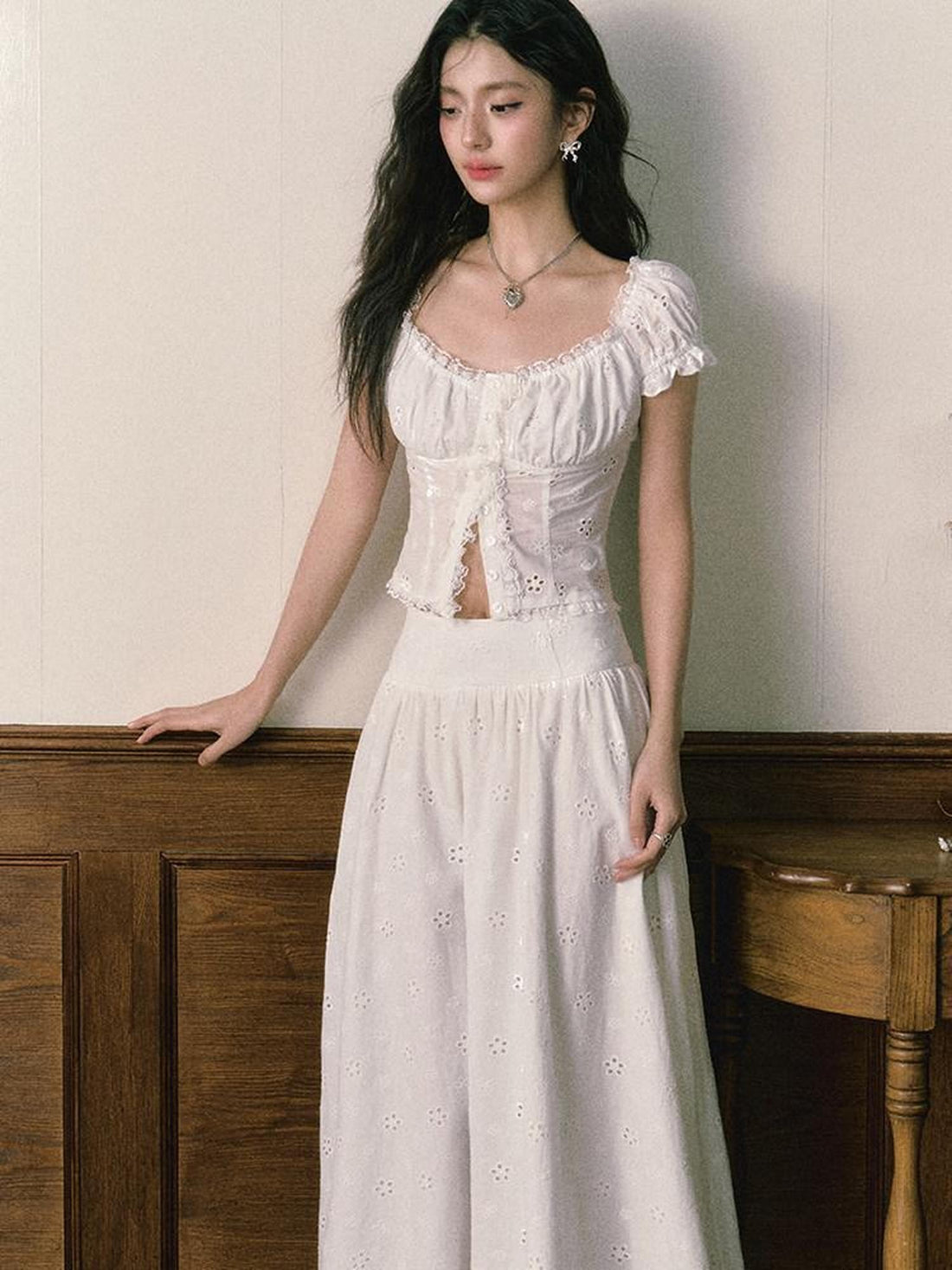 1P STUDIO White Eyelet Embroidered Lace Trim Square Neck Women&