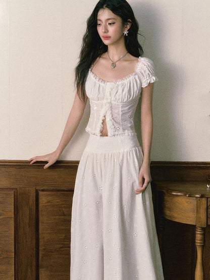 1P STUDIO White Eyelet Embroidered Lace Trim Square Neck Women&