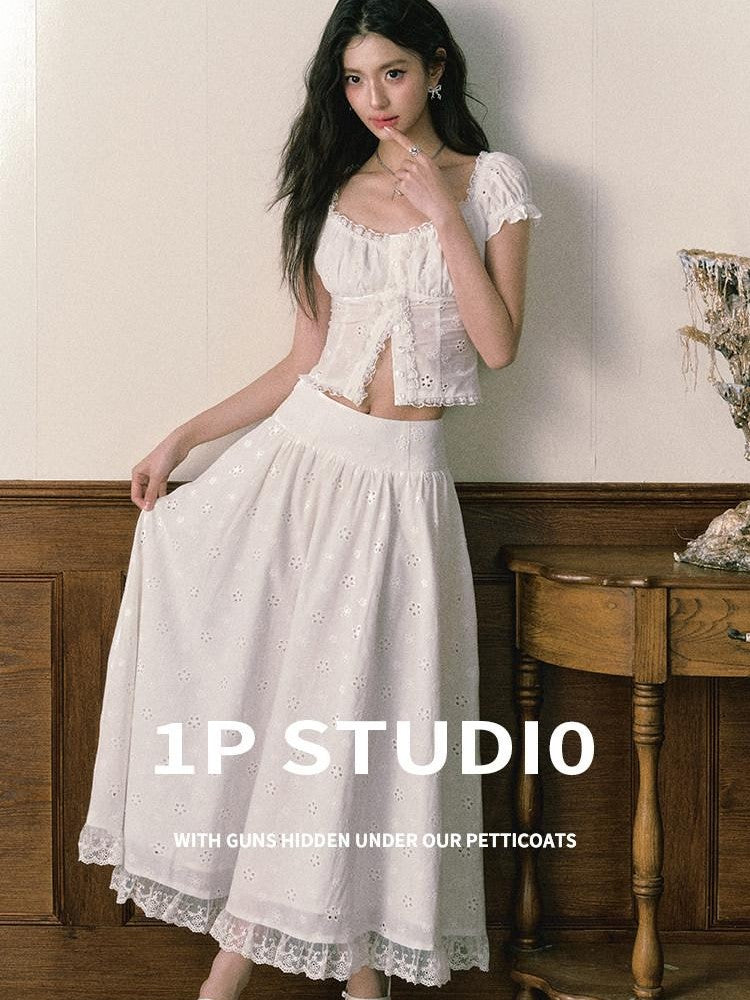 1P STUDIO White Eyelet Embroidered Lace Trim Square Neck Women&