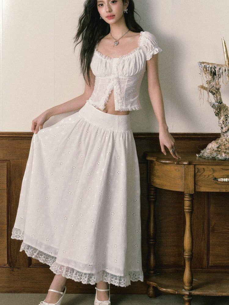 1P STUDIO White Eyelet Embroidered Lace Trim Square Neck Women&