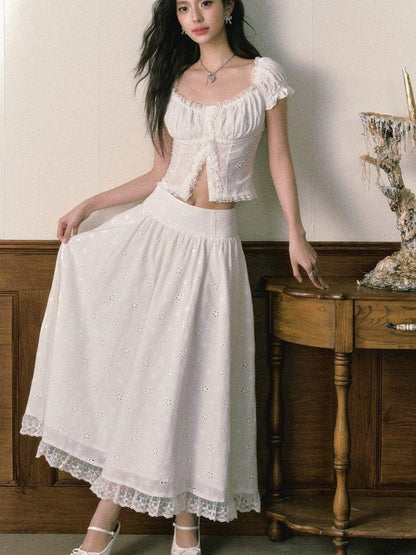 1P STUDIO White Eyelet Embroidered Lace Trim Square Neck Women&