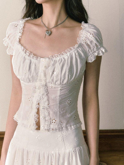 1P STUDIO White Eyelet Embroidered Lace Trim Square Neck Women&