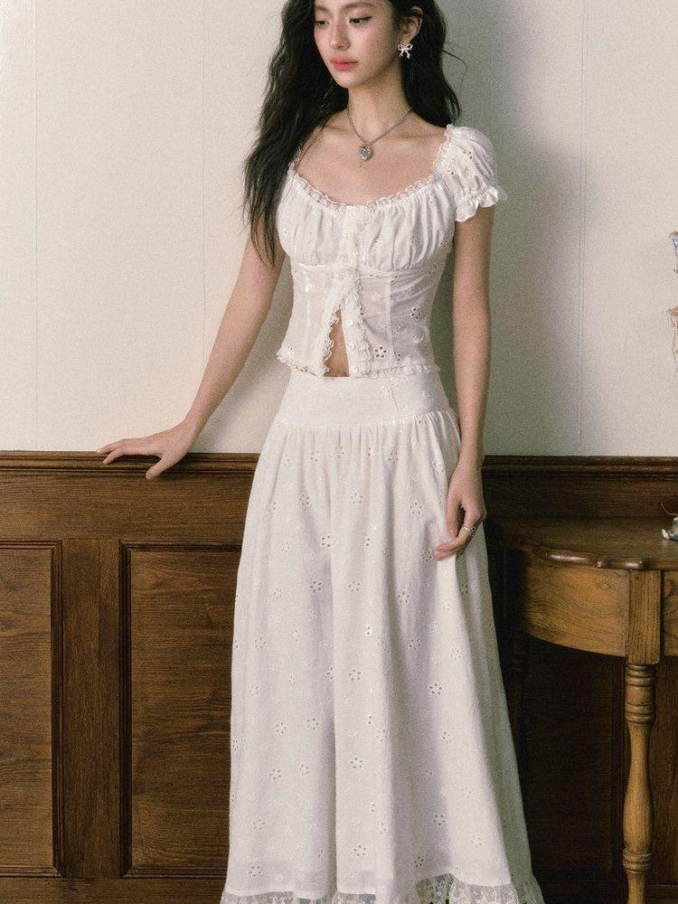 1P STUDIO White Eyelet Embroidered Lace Trim Square Neck Women&