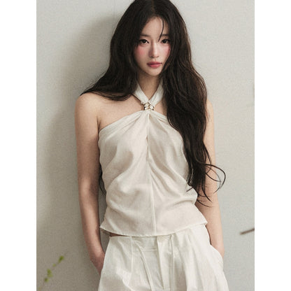 1P_STUDIO_White_Knot_Halter_Cotton_Linen_Wide_Leg_Women&