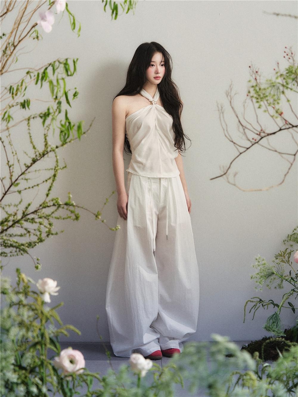 1P STUDIO White Knot Halter Cotton Linen Wide Leg Women&