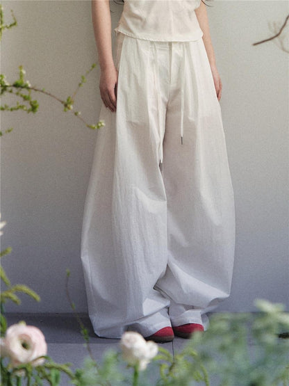 1P STUDIO White Knot Halter Cotton Linen Wide Leg Women&