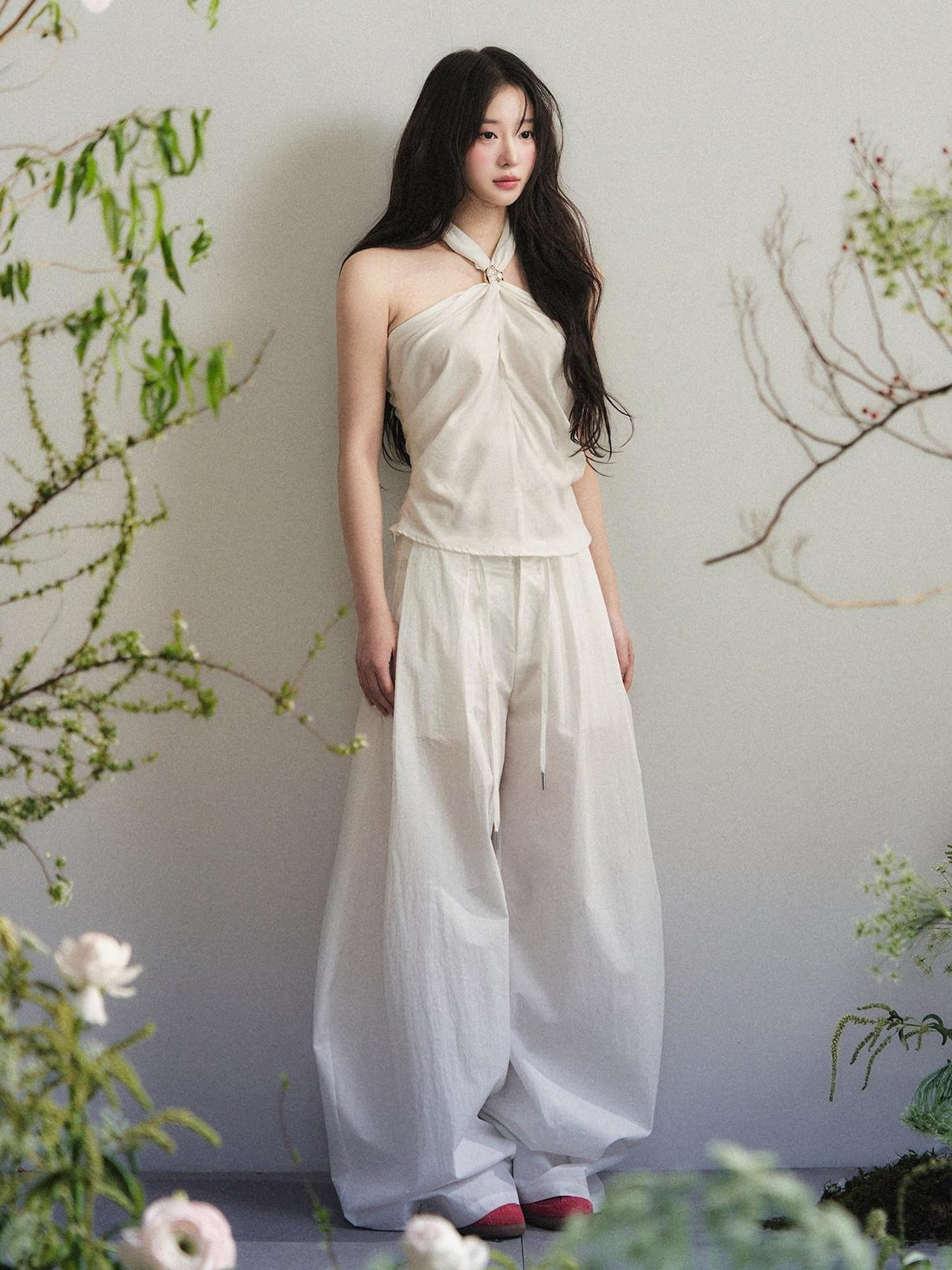 1P STUDIO White Knot Halter Cotton Linen Wide Leg Women&