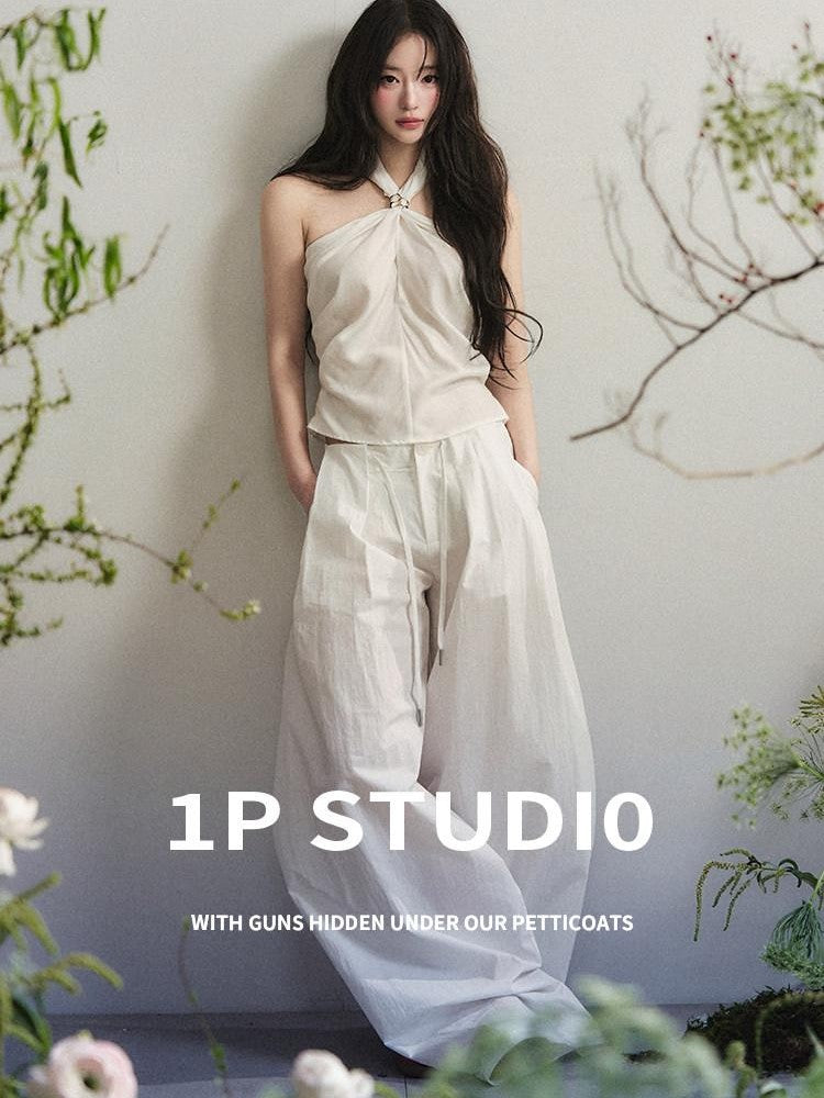 1P STUDIO White Knot Halter Cotton Linen Wide Leg Women&