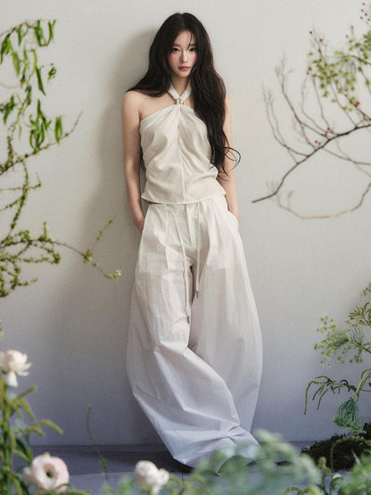 1P STUDIO White Knot Halter Cotton Linen Wide Leg Women&