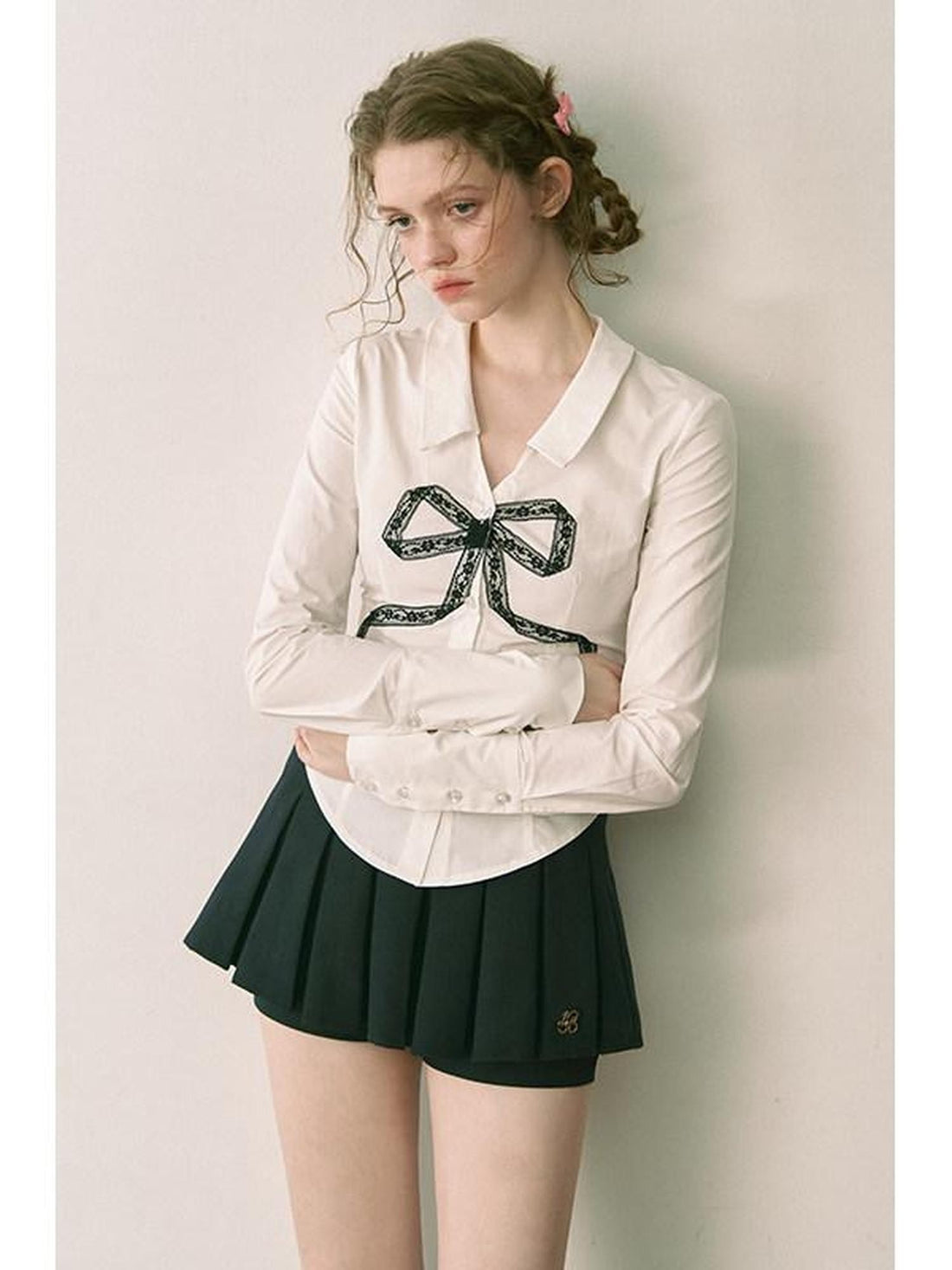 1P STUDIO White Lace Bow V-neck Slim Fit Open Front Women&