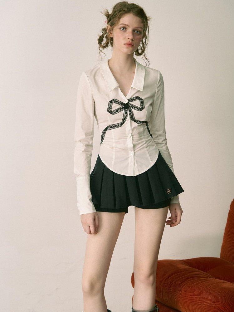 1P STUDIO White Lace Bow V-neck Slim Fit Open Front Women&
