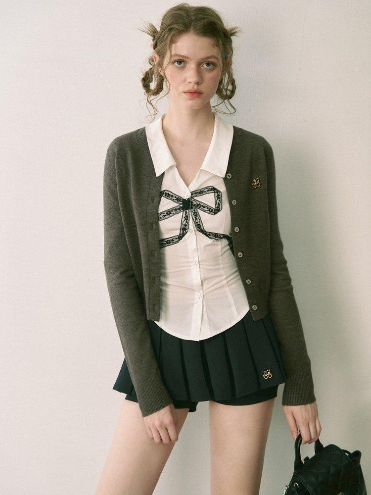 1P STUDIO White Lace Bow V-neck Slim Fit Open Front Women&