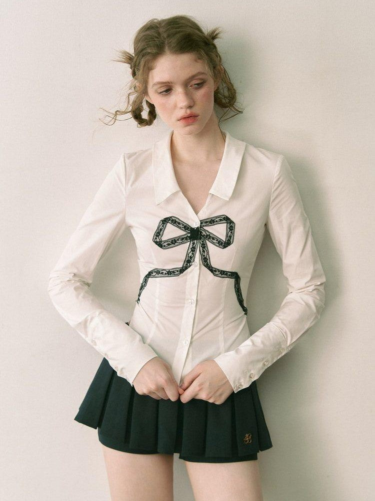 1P STUDIO White Lace Bow V-neck Slim Fit Open Front Women&
