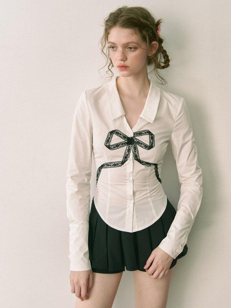 1P STUDIO White Lace Bow V-neck Slim Fit Open Front Women&