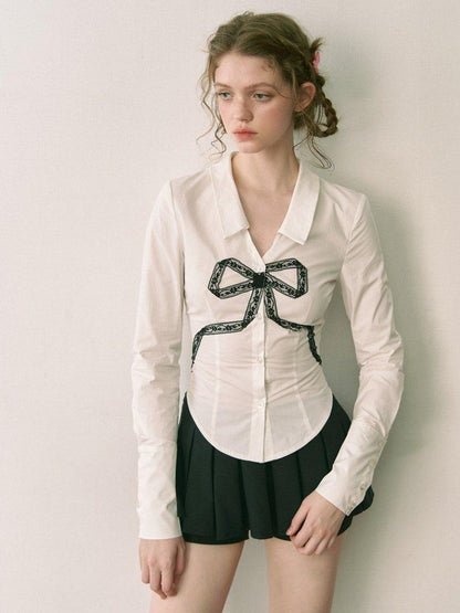 1P STUDIO White Lace Bow V-neck Slim Fit Open Front Women&