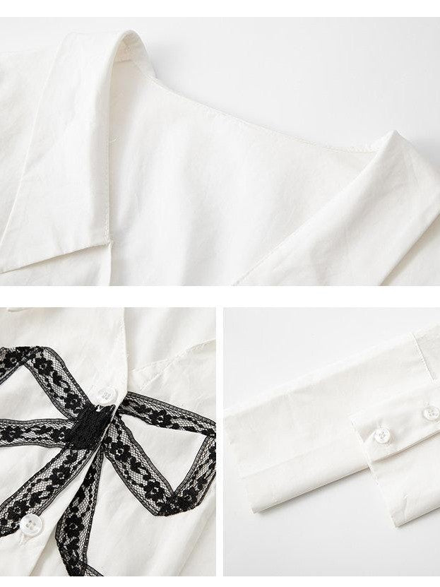 1P STUDIO White Lace Bow V-neck Slim Fit Open Front Women&
