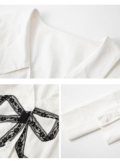 1P STUDIO White Lace Bow V-neck Slim Fit Open Front Women&