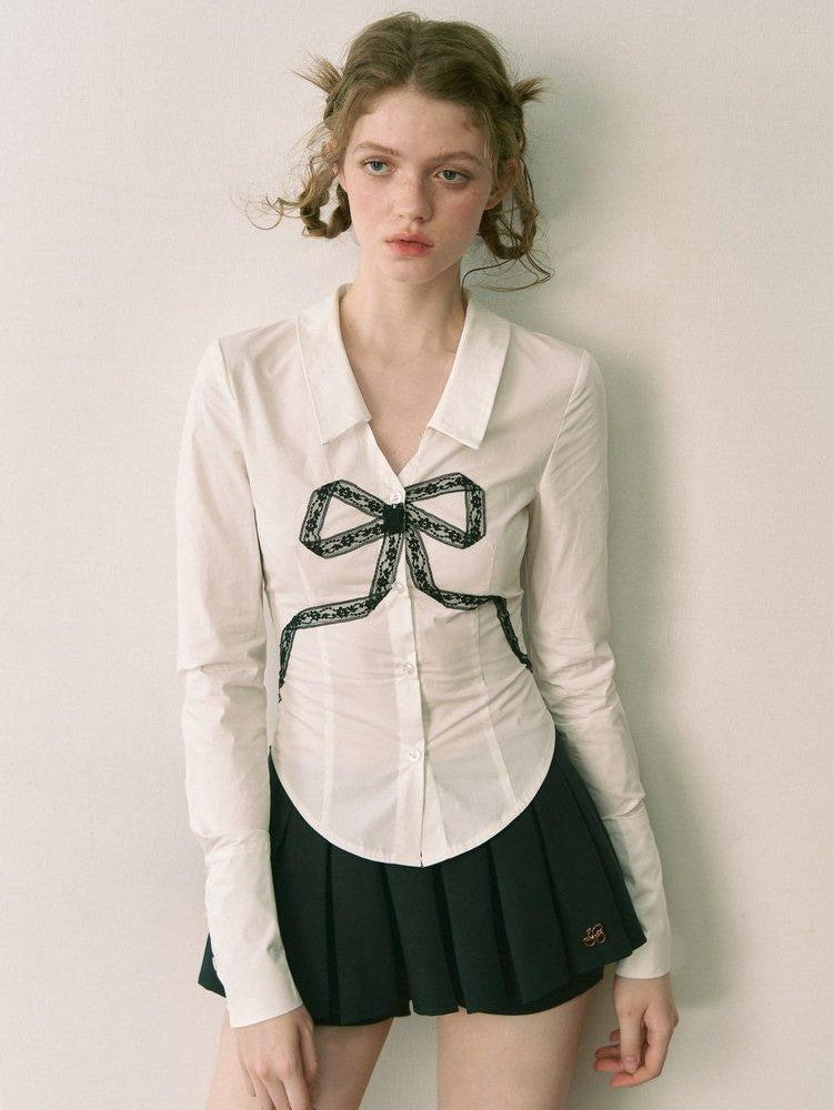 1P STUDIO White Lace Bow V-neck Slim Fit Open Front Women&