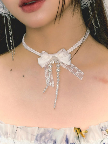 1P STUDIO White Lace Bowknot Pearl Tie Necklace Women&