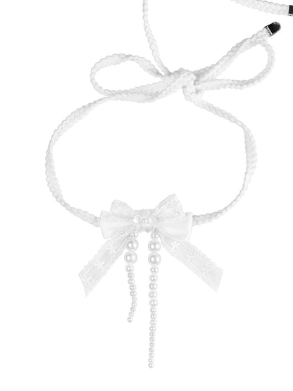 1P STUDIO White Lace Bowknot Pearl Tie Necklace Women&