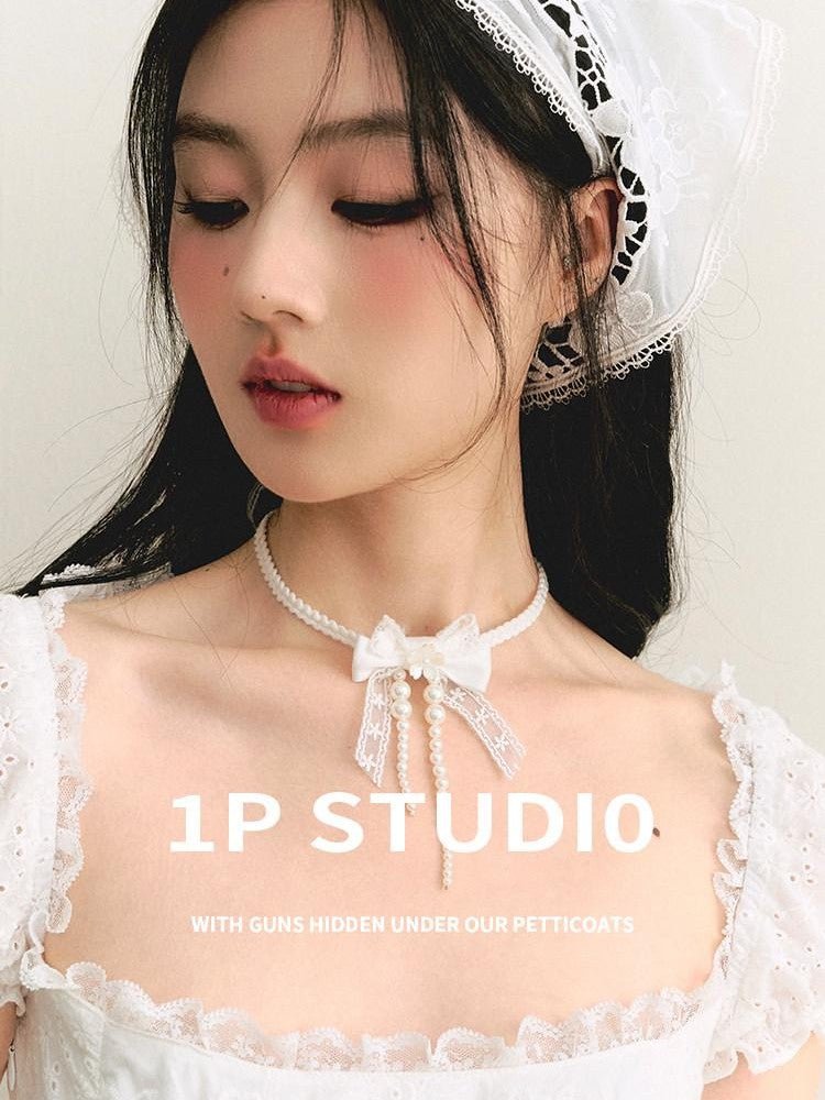 1P STUDIO White Lace Bowknot Pearl Tie Necklace Women&
