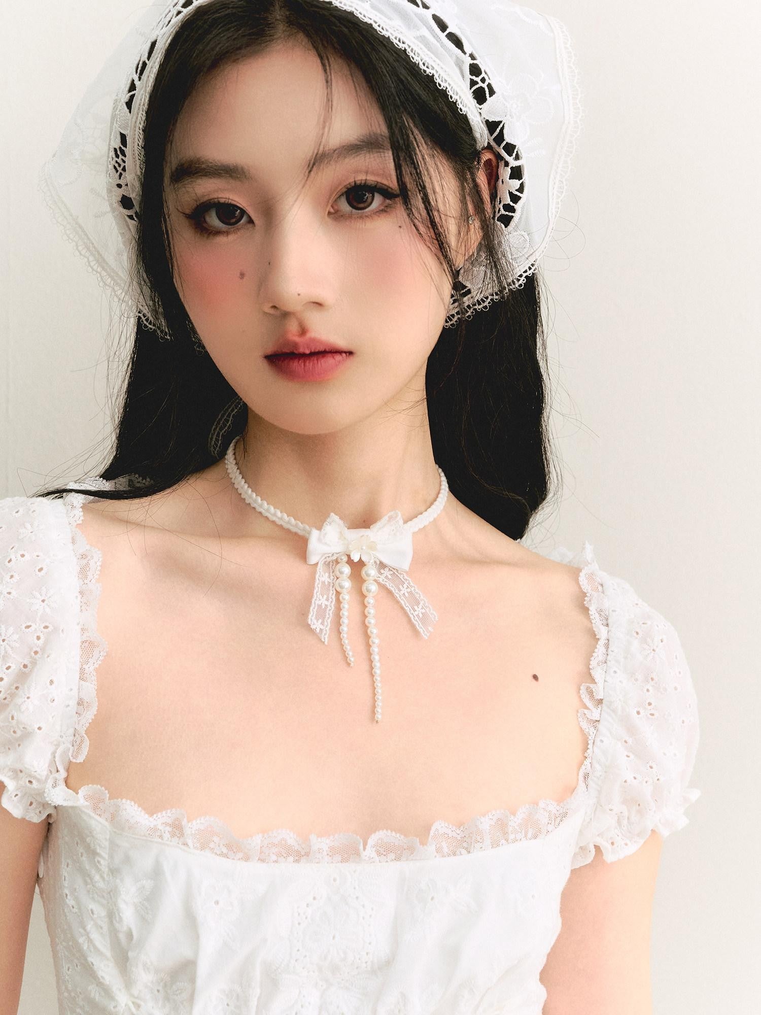 1P STUDIO White Lace Bowknot Pearl Tie Necklace Women&