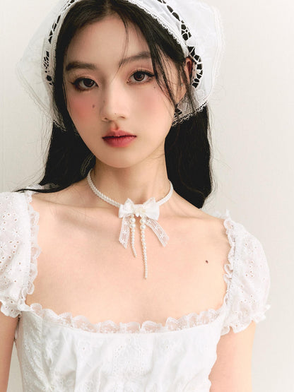 1P STUDIO White Lace Bowknot Pearl Tie Necklace Women&