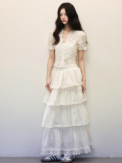 1P STUDIO White Lace Cinched Waist Cropped Tiered Cake Women&