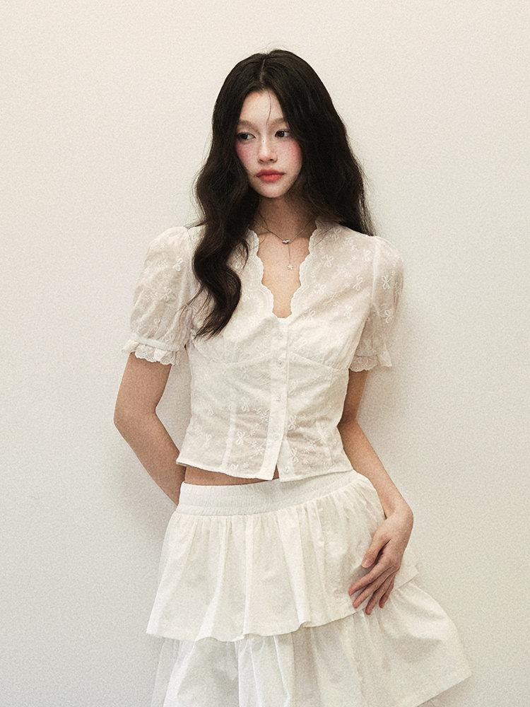 1P STUDIO White Lace Cinched Waist Cropped Tiered Cake Women&