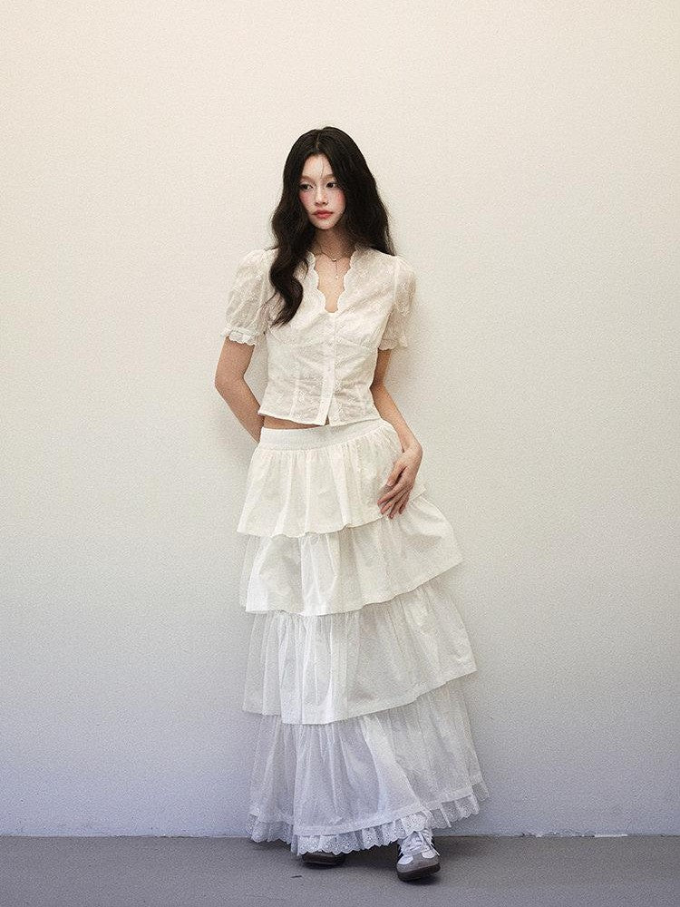 1P STUDIO White Lace Cinched Waist Cropped Tiered Cake Women&