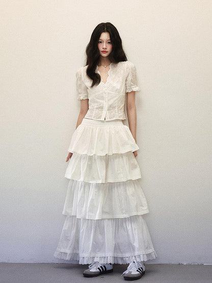 1P STUDIO White Lace Cinched Waist Cropped Tiered Cake Women&
