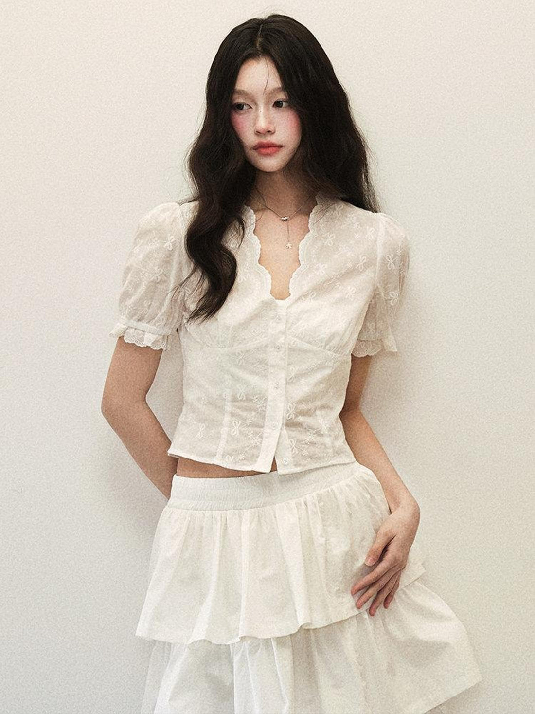 1P STUDIO White Lace Cinched Waist Cropped Tiered Cake Women&