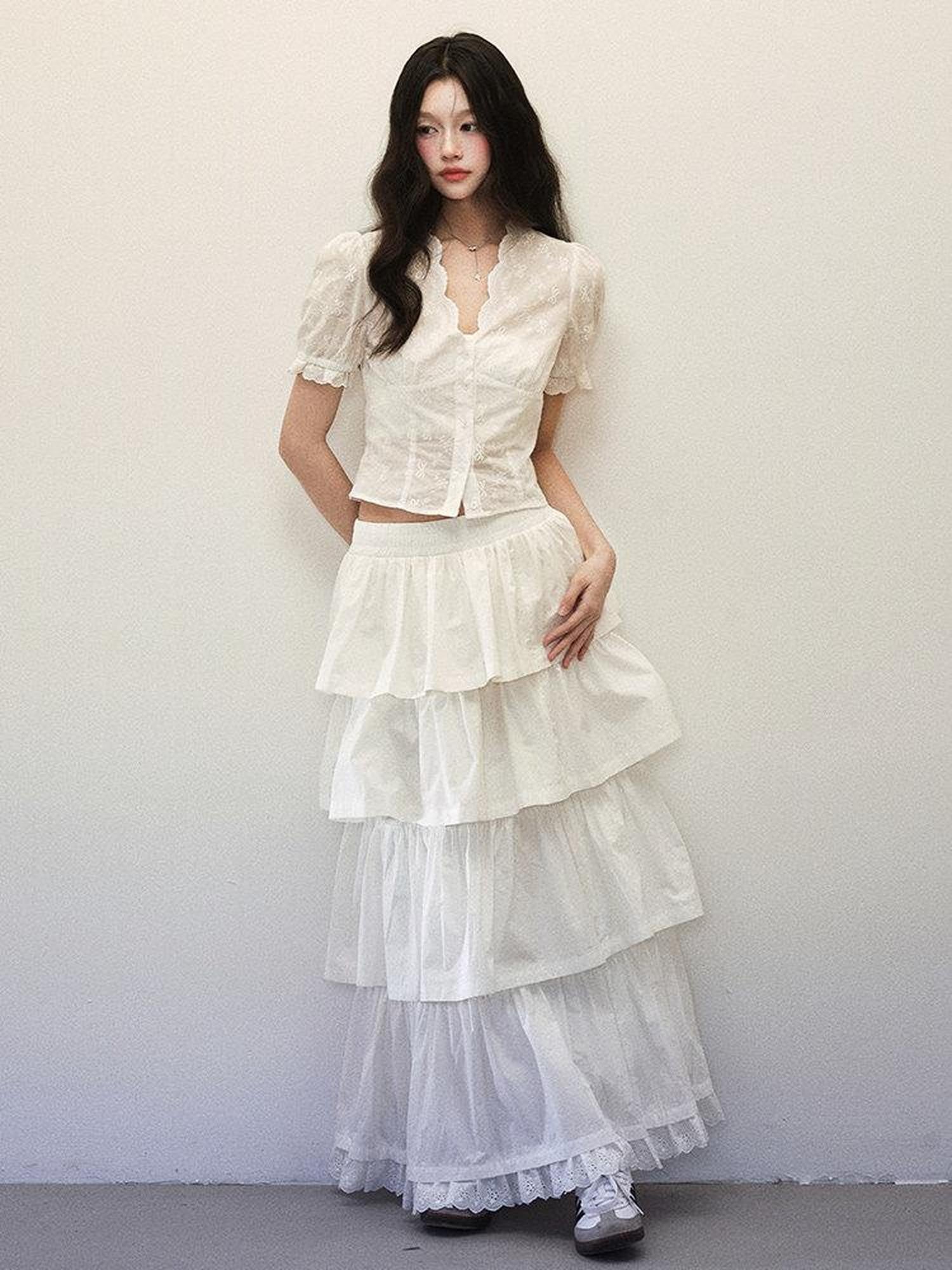 1P STUDIO White Lace Cinched Waist Cropped Tiered Cake Women&