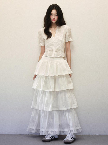 1P STUDIO White Lace Cinched Waist Cropped Tiered Cake Women&