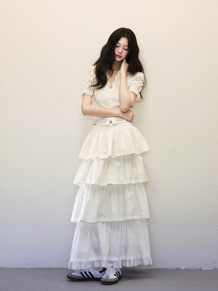 1P STUDIO White Lace Cinched Waist Cropped Tiered Cake Women&