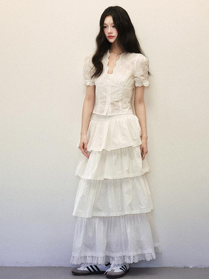 1P STUDIO White Lace Cinched Waist Cropped Tiered Cake Women&