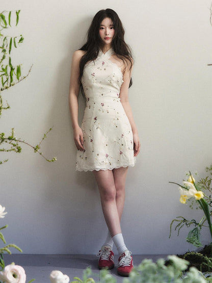 1P STUDIO White Lace Cross Neck Cutout Waist Women&