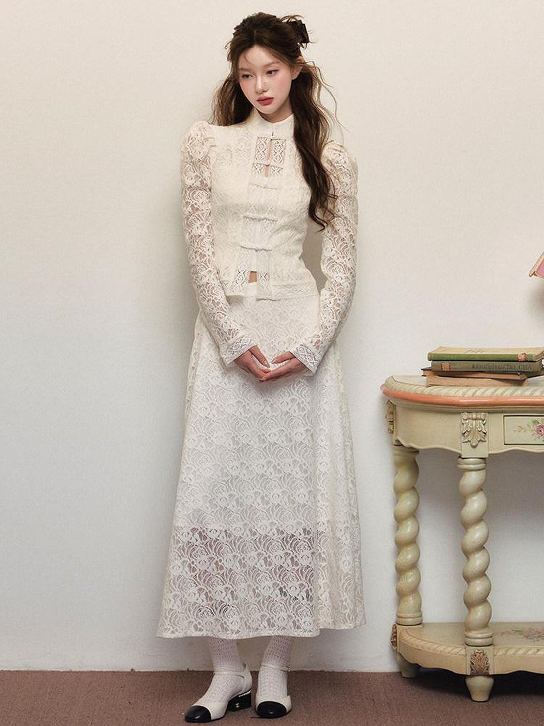 1P STUDIO White Lace Embroidered Stand Collar Frog Buttons Women&