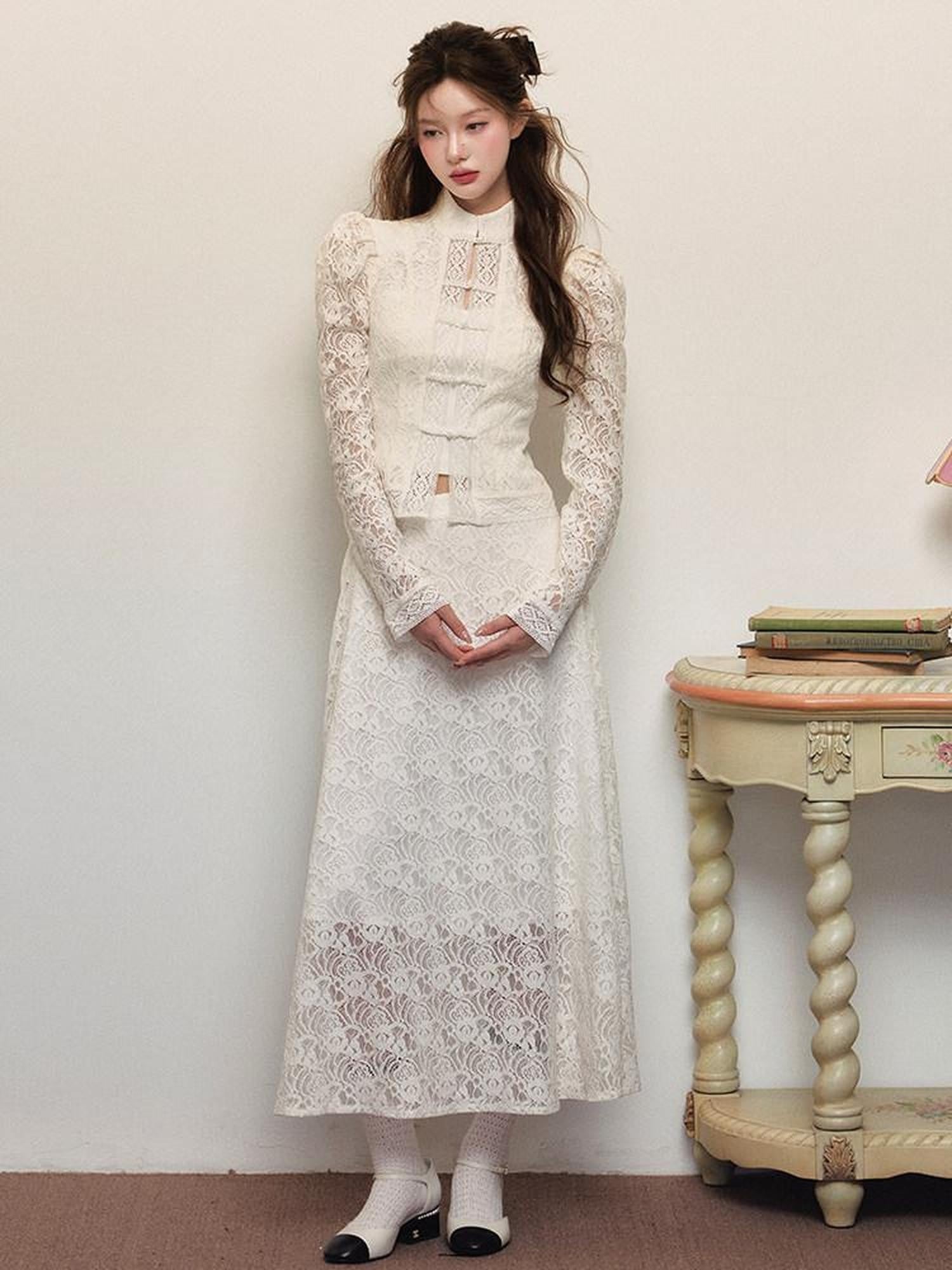 1P STUDIO White Lace Embroidered Stand Collar Frog Buttons Women&
