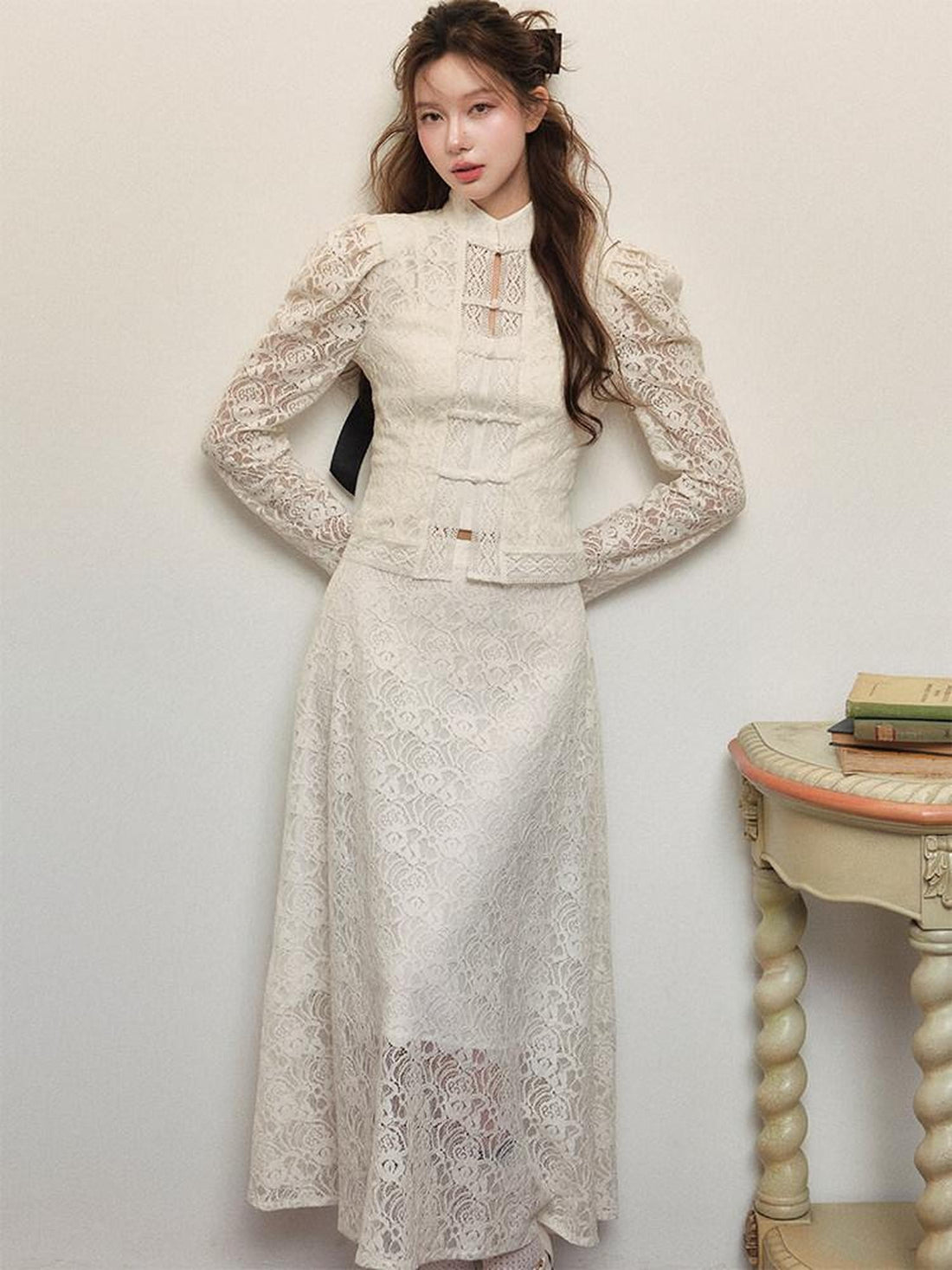 1P STUDIO White Lace Embroidered Stand Collar Frog Buttons Women&