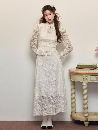 1P STUDIO White Lace Embroidered Stand Collar Frog Buttons Women&