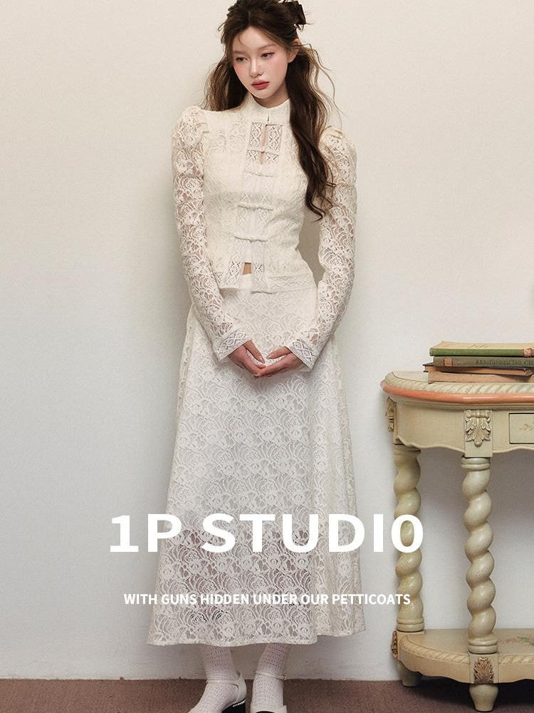 1P STUDIO White Lace Embroidered Stand Collar Frog Buttons Women&