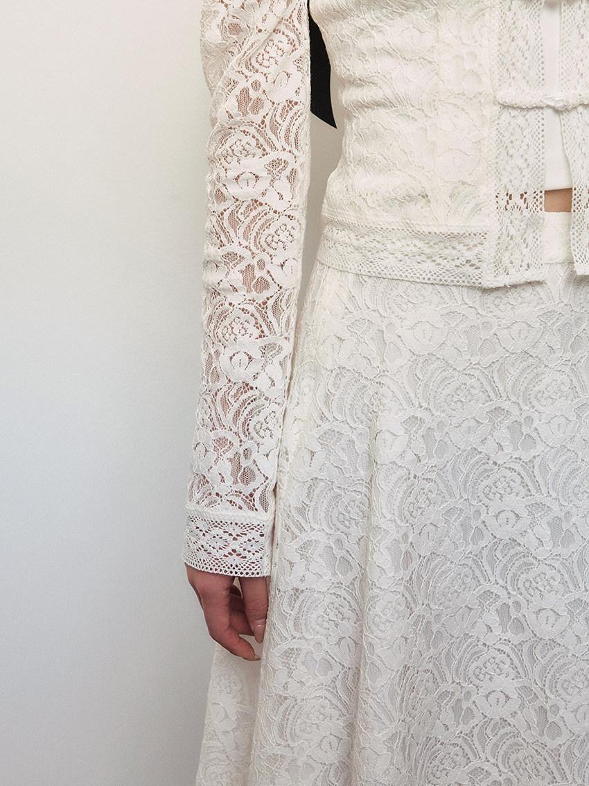 1P STUDIO White Lace Embroidered Stand Collar Frog Buttons Women&
