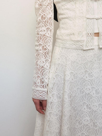 1P STUDIO White Lace Embroidered Stand Collar Frog Buttons Women&